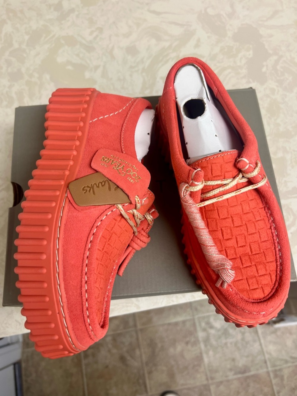 Clarks Suede Torhil Bee Comfort Platform Moccasin Toe Loafers (Coral) - Picture 4 of 16
